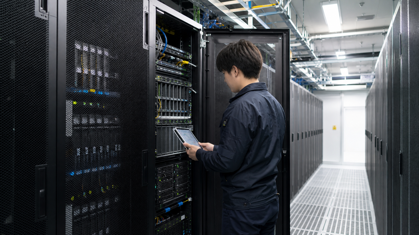 データセンターでサーバーラックを点検する保守作業